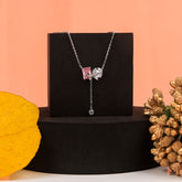 Silver Square Pink Sapphire Bow Pendant With Chain